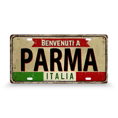 Decorative sign with 'Benvenuti a Parma Italia' text on a white background • Papagaio Studio Art Shop
