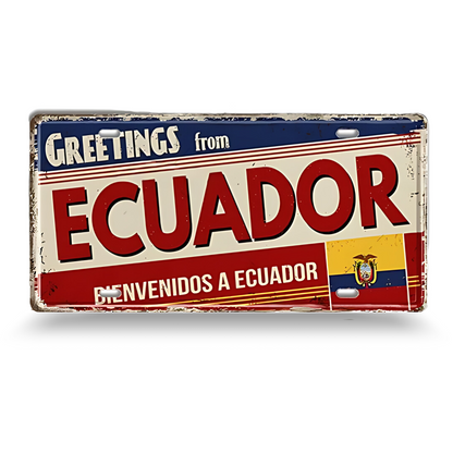 Vintage-style sign with 'Greetings from Ecuador' text and flag on a white background