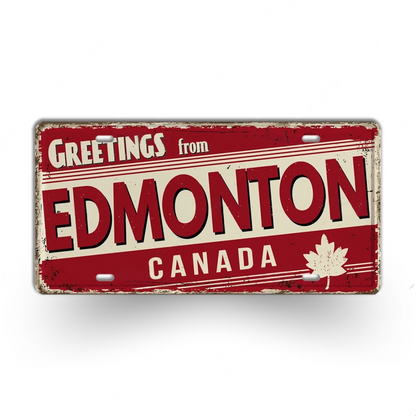 Vintage-style sign with 'Greetings from Edmonton, Canada' text on a red background.