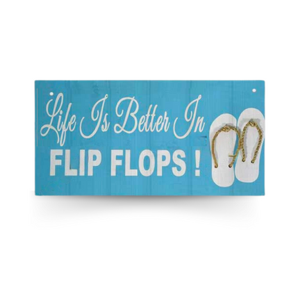 Beach Wood Sign • Summer Happy Quote Wooden Plaque • Sun Flip Flop Coastal Art MDF Print • Tropical Seaside Home Decor Art Piece • Papagaio Studio Design Shop