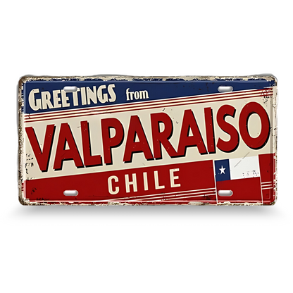Vintage-style sign with 'Greetings from Valparaiso, Chile' text on a white background