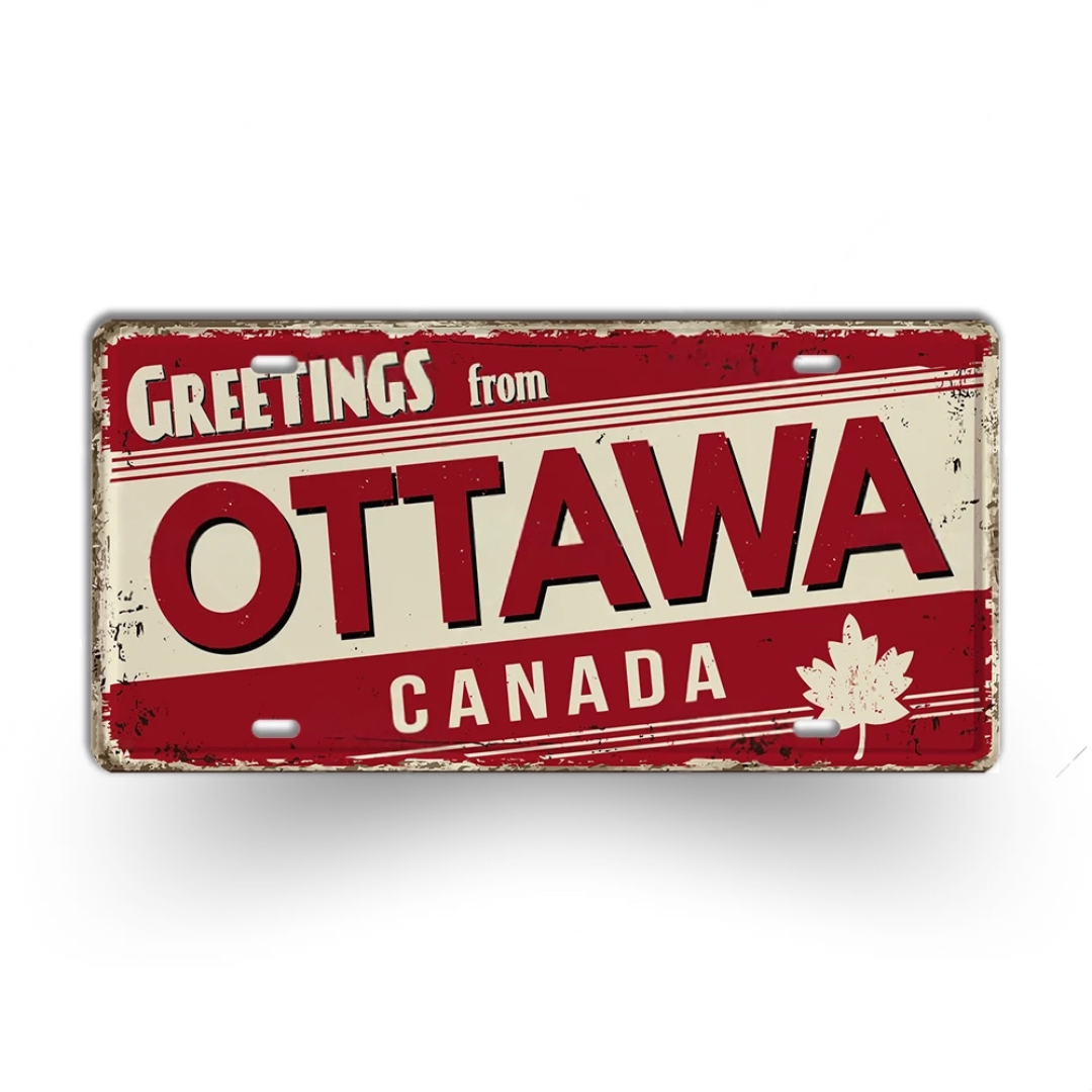 Vintage-style sign with 'Greetings from Ottawa, Canada' text and a maple leaf on a white background.