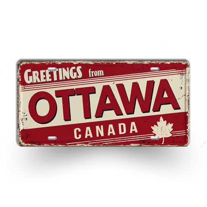 Vintage-style sign with 'Greetings from Ottawa, Canada' text and a maple leaf on a white background.