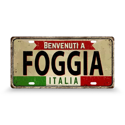 Decorative sign with 'Benvenuti a Foggia Italia' text on a white background • Papagaio Studio Art Shop
