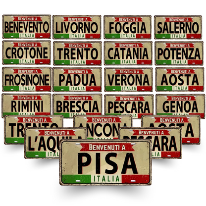 Collection of Italian city license plates on a white background • Papagaio Studio Art Shop