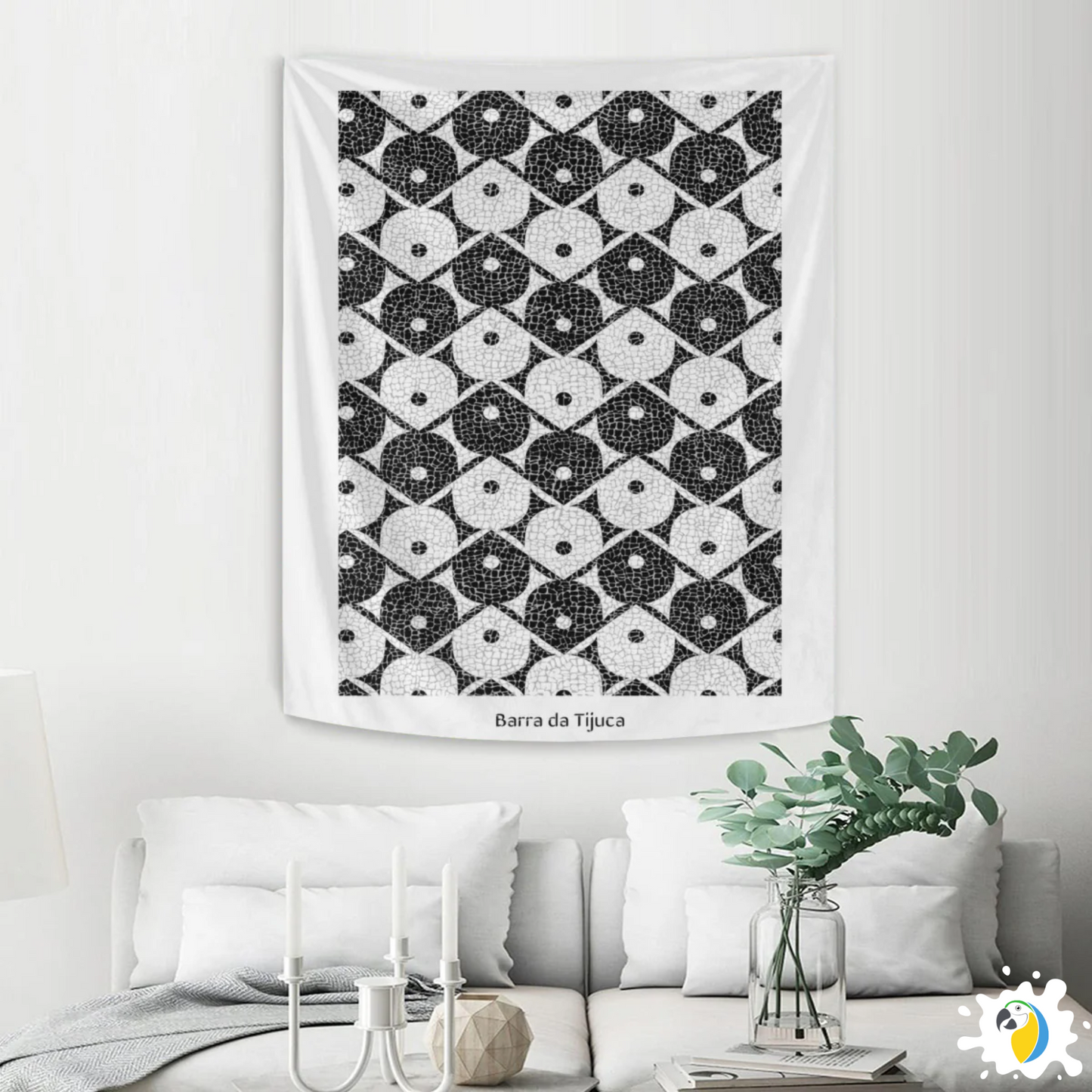 Barra da Tijuca Mosaic Promenade Wall Tapestry • Brazilian Beachside Art Design • Geometric Pattern Wall Hanging • Papagaio Studio Design Shop