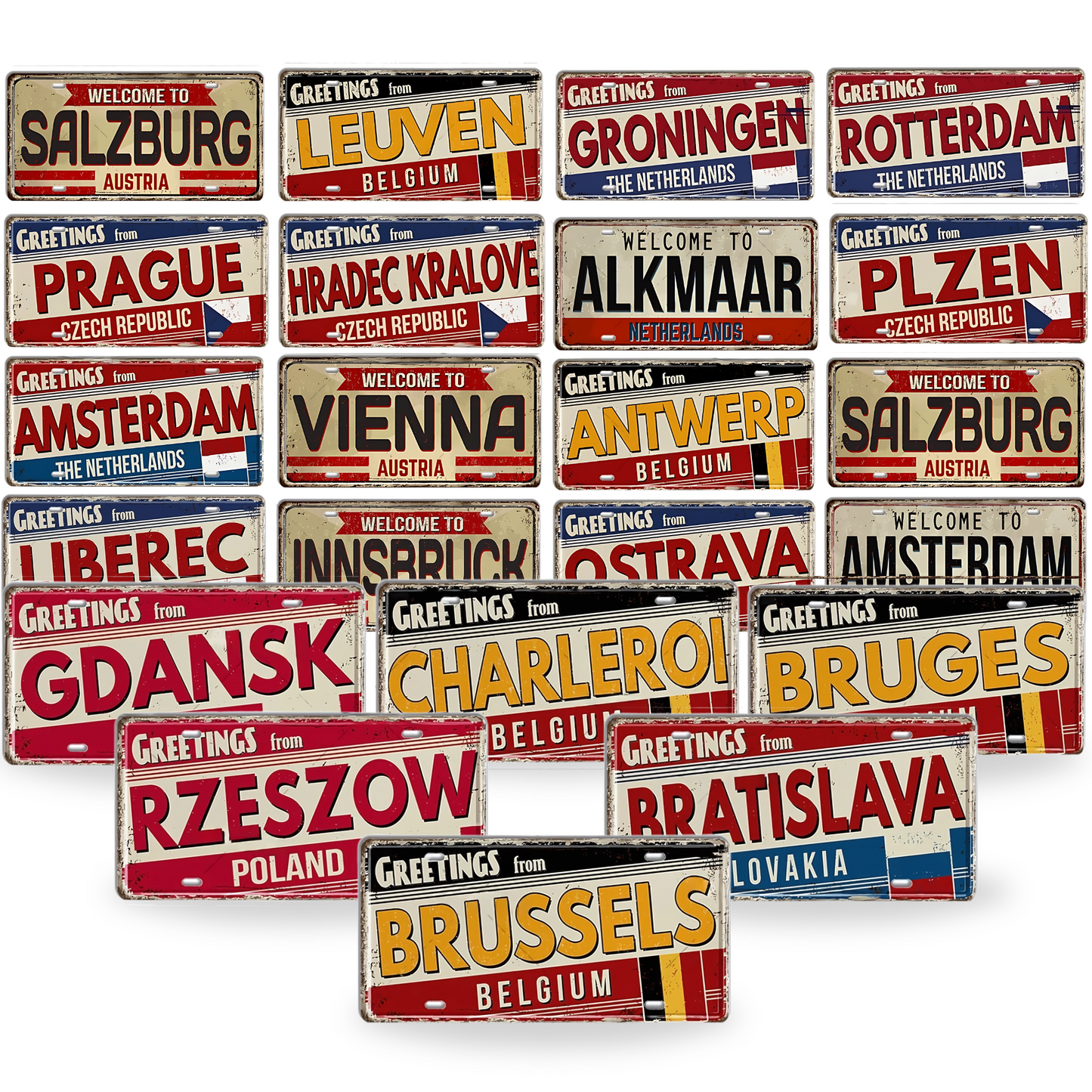 Belgium Netherlands Tin Signs • Austria Poland Metal License Plates • Czech Republic Decorative Signage • Papagaio Studio Print Shop