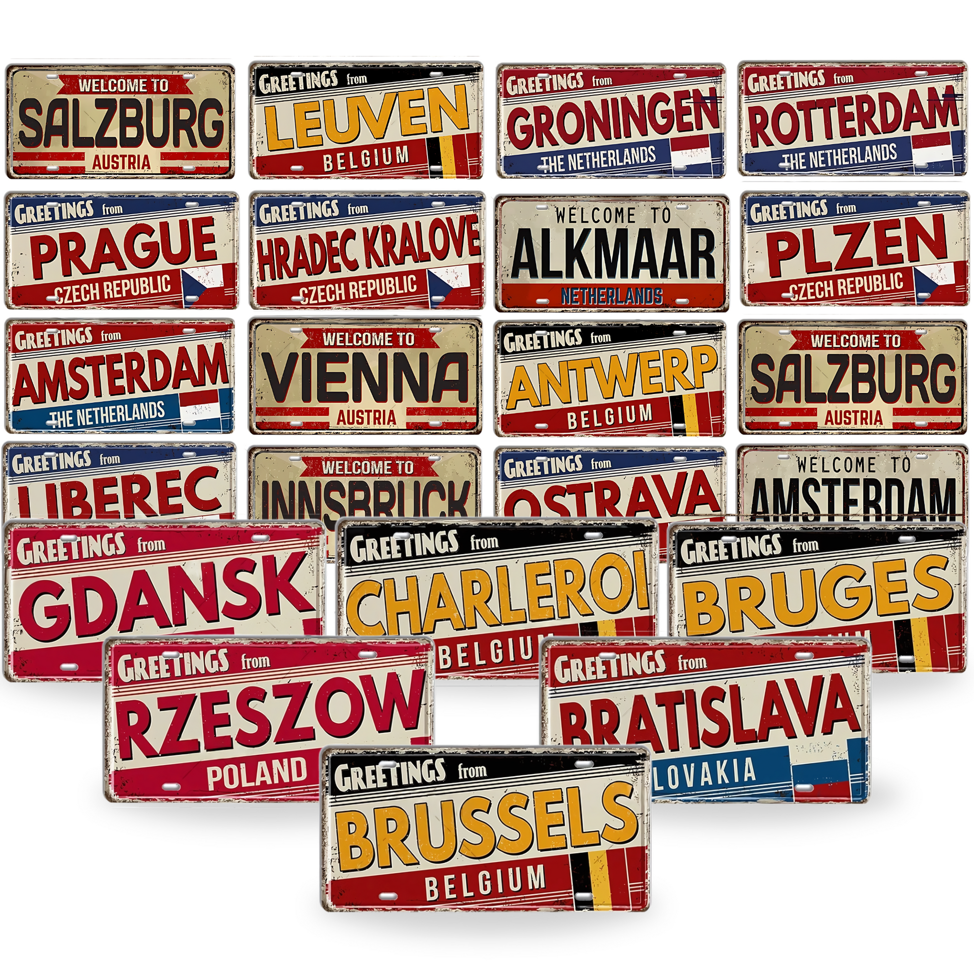 Belgium Netherlands Tin Signs • Austria Poland Metal License Plates • Czech Republic Decorative Signage • Papagaio Studio Print Shop