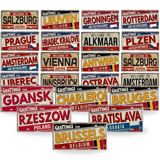 Belgium Netherlands Tin Signs • Austria Poland Metal License Plates • Czech Republic Decorative Signage • Papagaio Studio Print Shop