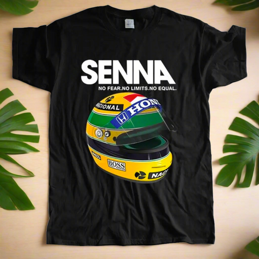 Ayrton Senna F1 Racer Yellow Helmet T-Shirt • Mens Crew Neck Brazil Racing Sports Fan Gift • Tee Apparel For Brazilian Formula One Fanatic • Papagaio Studio Apparel