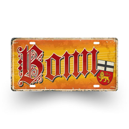 Vintage-style sign with 'Bonn' text and coat of arms on a yellow background