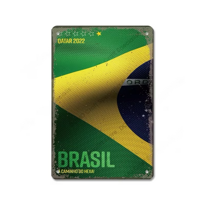 Brazil Tin Signs • Brazilian-Themed Metal Prints For Tropical Vintage Decor • South American Travel Carnival Football Poster Plaque • Papagaio Studio Design Shop