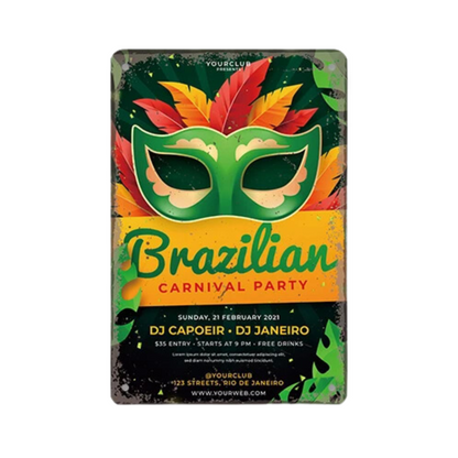 Brazil Tin Signs • Brazilian-Themed Metal Prints For Tropical Vintage Decor • South American Travel Carnival Football Poster Plaque • Papagaio Studio Design Shop