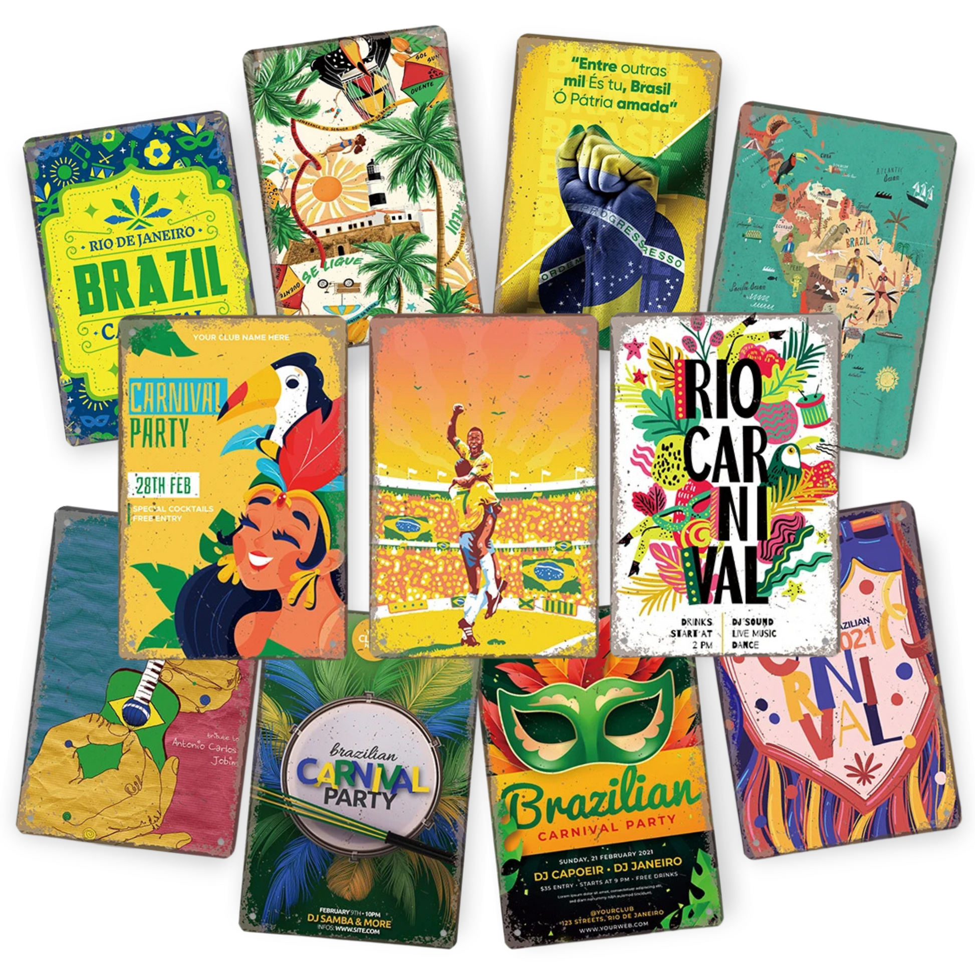 Brazil Tin Signs • Brazilian-Themed Metal Prints For Tropical Vintage Decor • South American Travel Carnival Football Poster Plaque • Papagaio Studio Design Shop