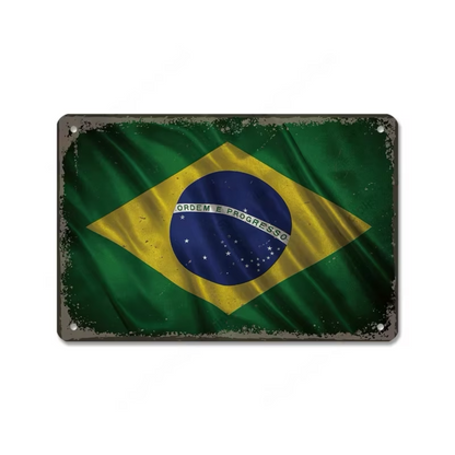 Brazil Tin Signs • Brazilian-Themed Metal Prints For Tropical Vintage Decor • South American Travel Carnival Football Poster Plaque • Papagaio Studio Design Shop