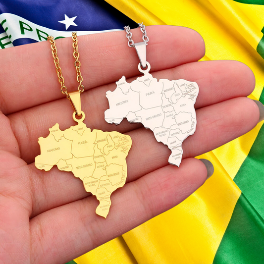 Brazil Map Necklace • Brazilian States Silver Or Gold-Plated Stainless Steel Pendant For Expat Women & Patriot Men • Brasil Jewelry Gift • Papagaio Studio Online Shop