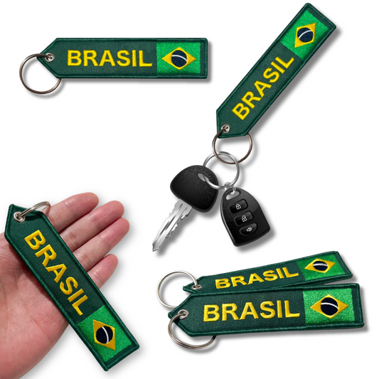 Brazil National Flag Arrow Shaped Embroidery Tag Keychain For Car Keys Backpack • Brasil Both Sides Embroidered Keyring Gift For Brazilian • Papagaio Studio Shop