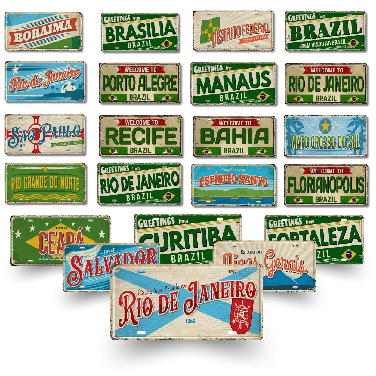 Brazilian States License Plate • Brazil City Names Tin Sign • Retro Wall Hanging Metal Print • Vintage Shabby Chic South American Decor • Papagaio Studio Design Shop