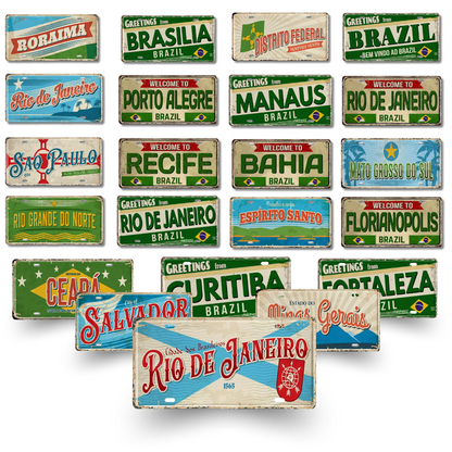Brazilian States License Plate • Brazil City Names Tin Sign • Retro Wall Hanging Metal Print • Vintage Shabby Chic South American Decor • Papagaio Studio Design Shop
