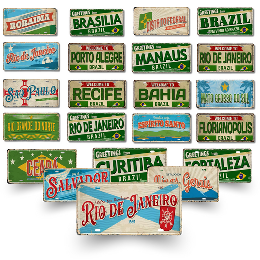 Brazilian States License Plate • Brazil City Names Tin Sign • Retro Wall Hanging Metal Print • Vintage Shabby Chic South American Decor • Papagaio Studio Design Shop