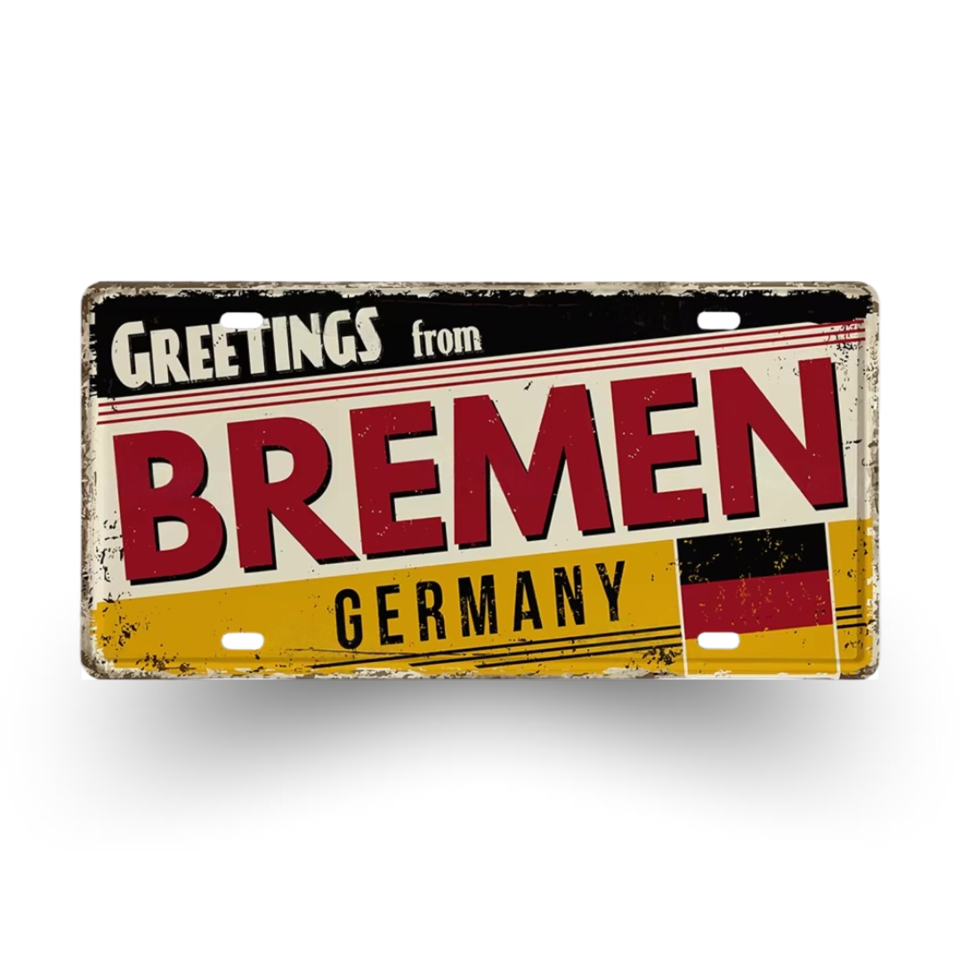 Vintage-style sign with 'Greetings from Bremen, Germany' text and German flag design.