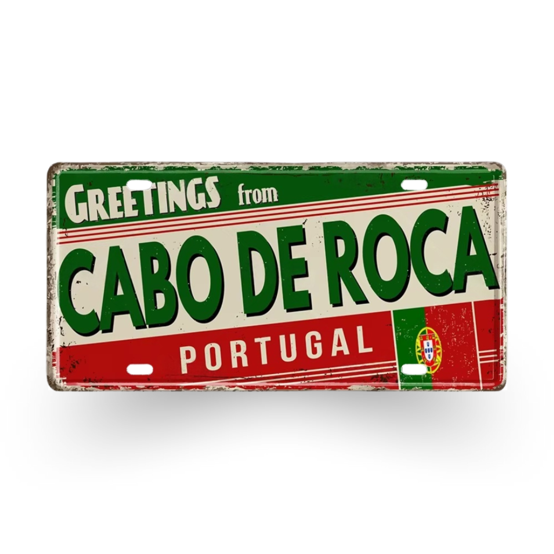 Vintage-style sign with 'Greetings from Cabo de Roca Portugal' text and a Portuguese flag.
