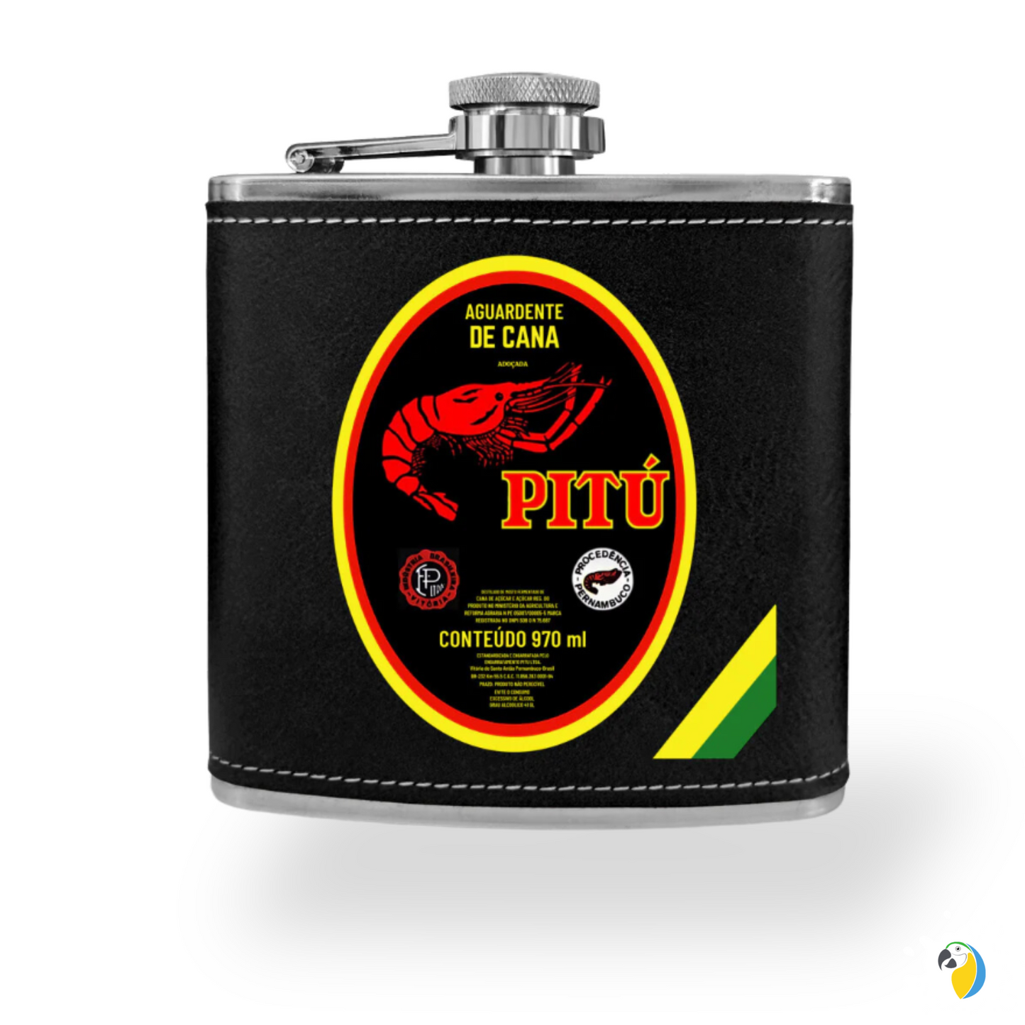 Cachaça Brazilian Spirit Drink Leather Flask • Pitú Aguardente De Cana Stainless Steel Alcoholic Drinks Portable Bottle • Papagaio Studio Merch Shop