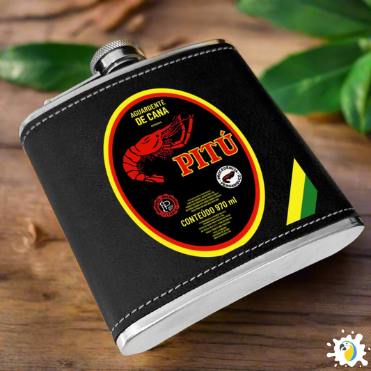 Cachaça Brazilian Spirit Drink Leather Flask • Pitú Aguardente De Cana Stainless Steel Alcoholic Drinks Portable Bottle • Papagaio Studio Merch Shop