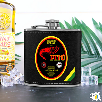 Cachaça Brazilian Spirit Drink Leather Flask • Pitú Aguardente De Cana Stainless Steel Alcoholic Drinks Portable Bottle • Papagaio Studio Merch Shop