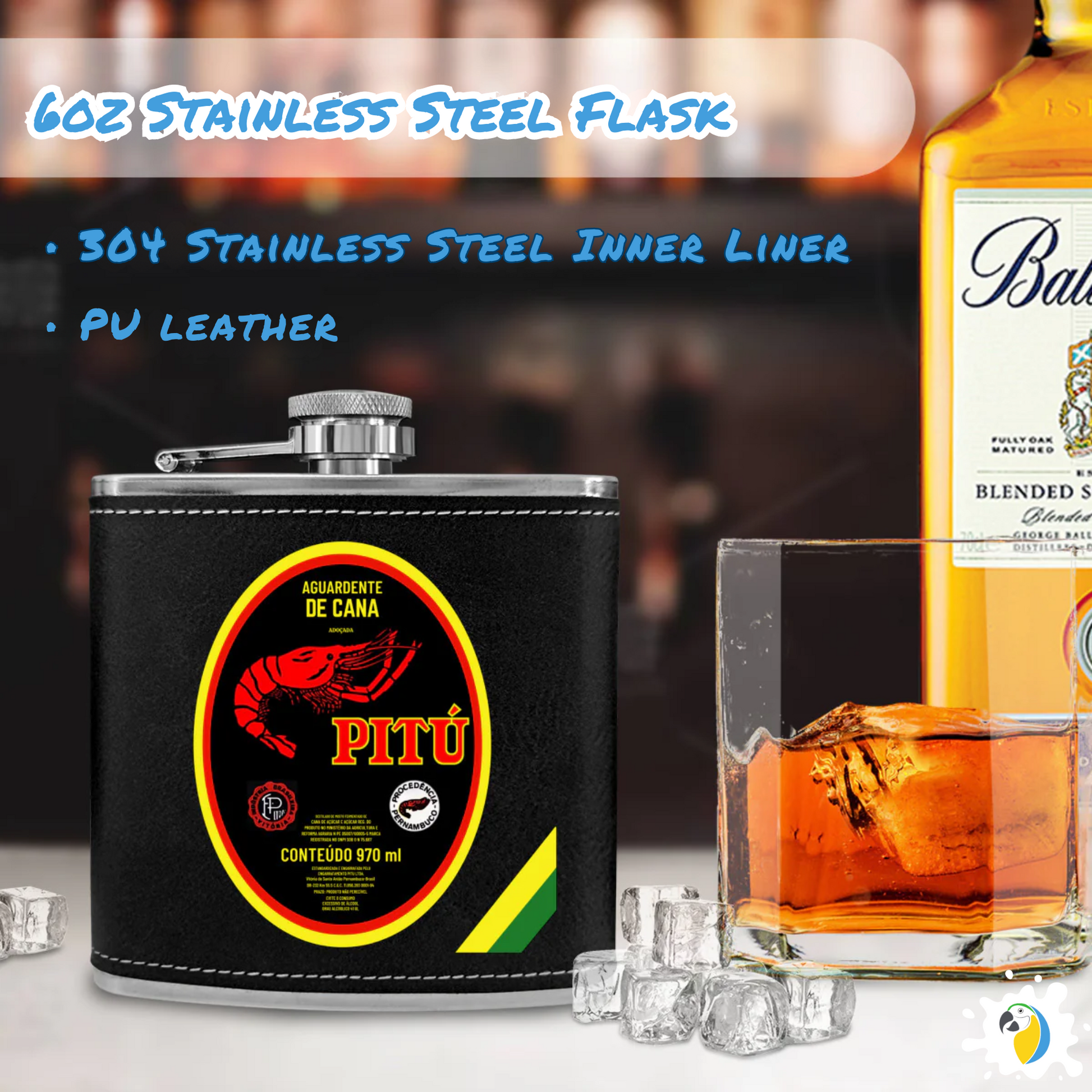 Cachaça Brazilian Spirit Drink Leather Flask • Pitú Aguardente De Cana Stainless Steel Alcoholic Drinks Portable Bottle • Papagaio Studio Merch Shop