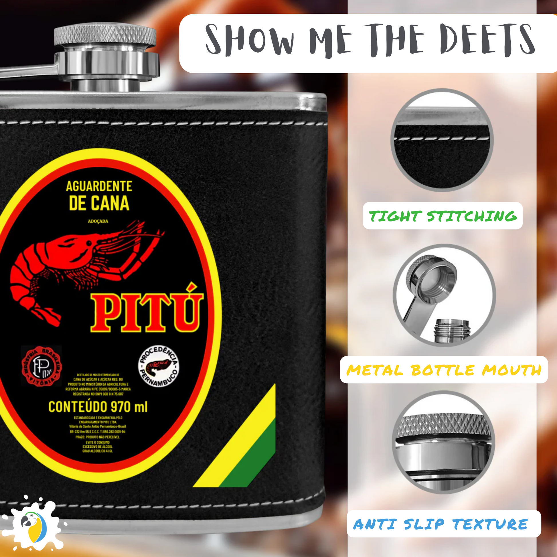 Cachaça Brazilian Spirit Drink Leather Flask • Pitú Aguardente De Cana Stainless Steel Alcoholic Drinks Portable Bottle • Papagaio Studio Merch Shop