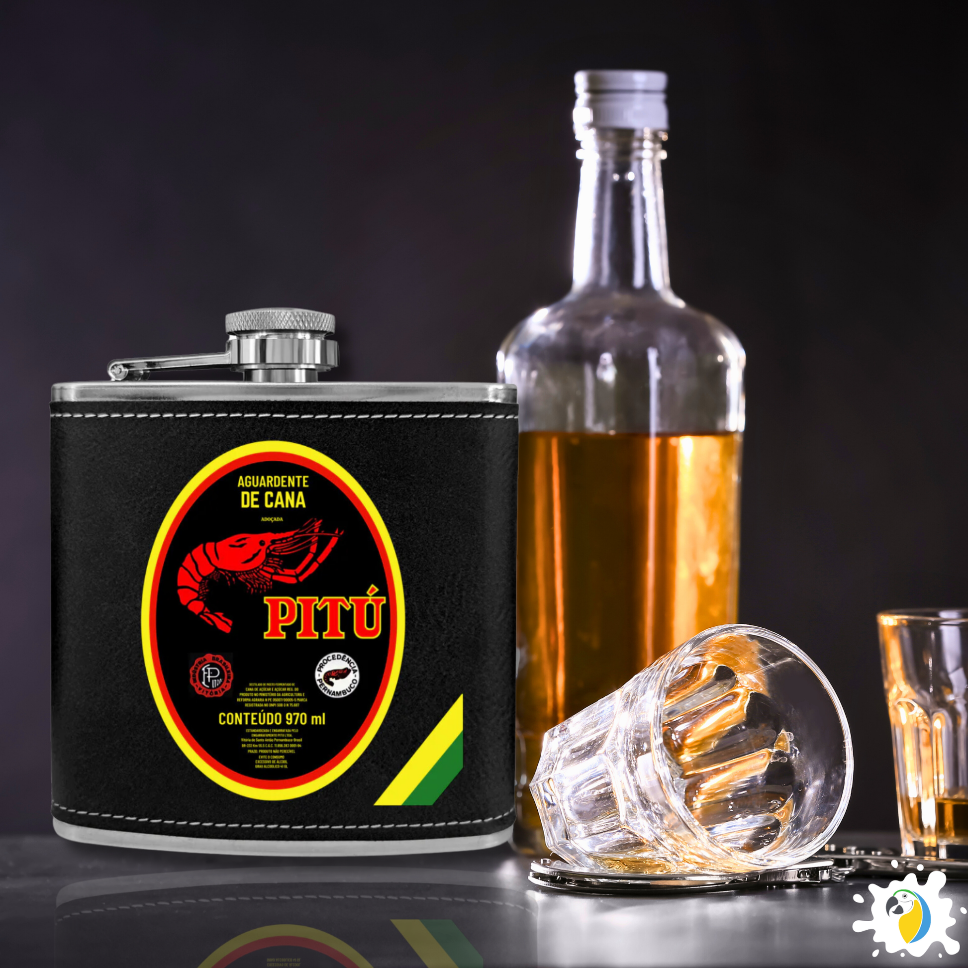 Cachaça Brazilian Spirit Drink Leather Flask • Pitú Aguardente De Cana Stainless Steel Alcoholic Drinks Portable Bottle • Papagaio Studio Merch Shop