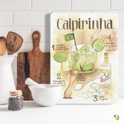 Caipirinha Recipe Tin Sign • Brazilian Traditional Cocktail Drink Metal Print • Brazil Trip Souvenir Poster • Papagaio Studio Design Shop