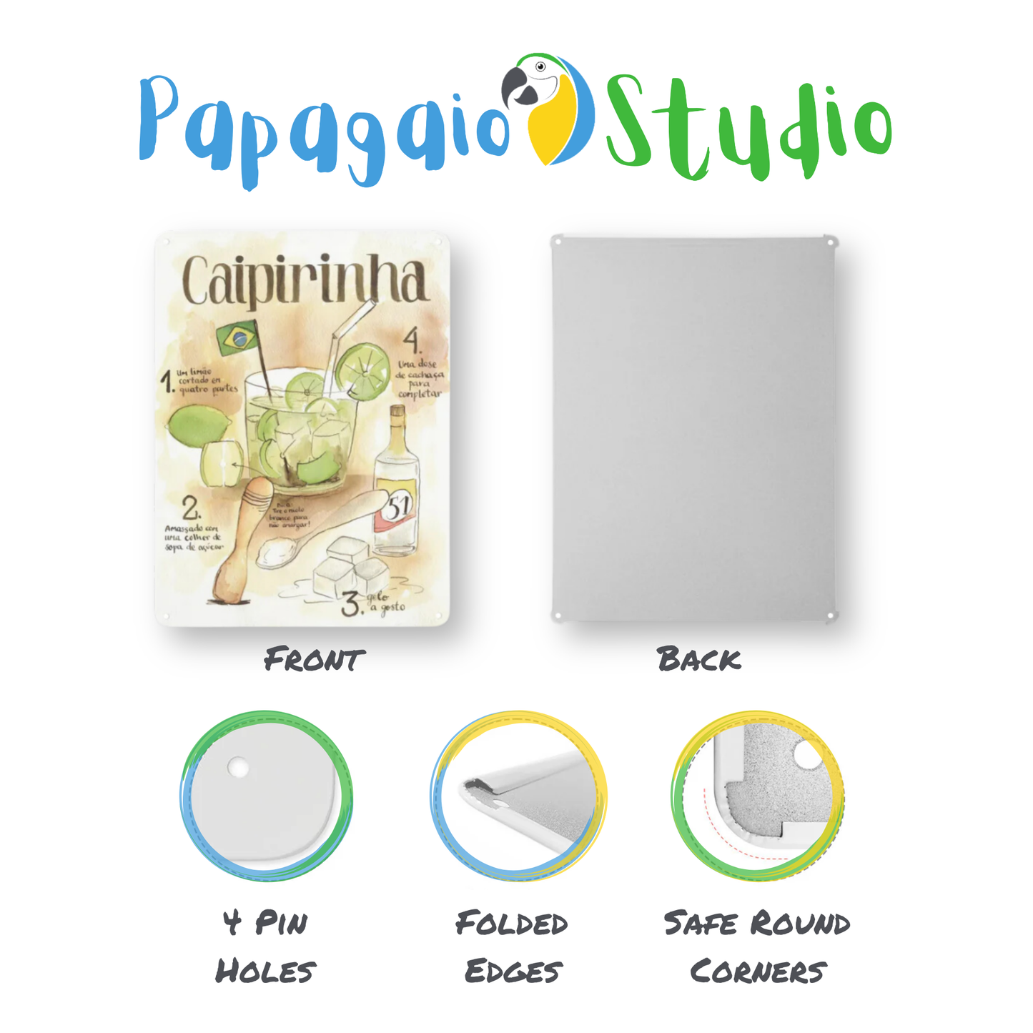 Caipirinha Recipe Tin Sign • Brazilian Traditional Cocktail Drink Metal Print • Brazil Trip Souvenir Poster • Papagaio Studio Design Shop