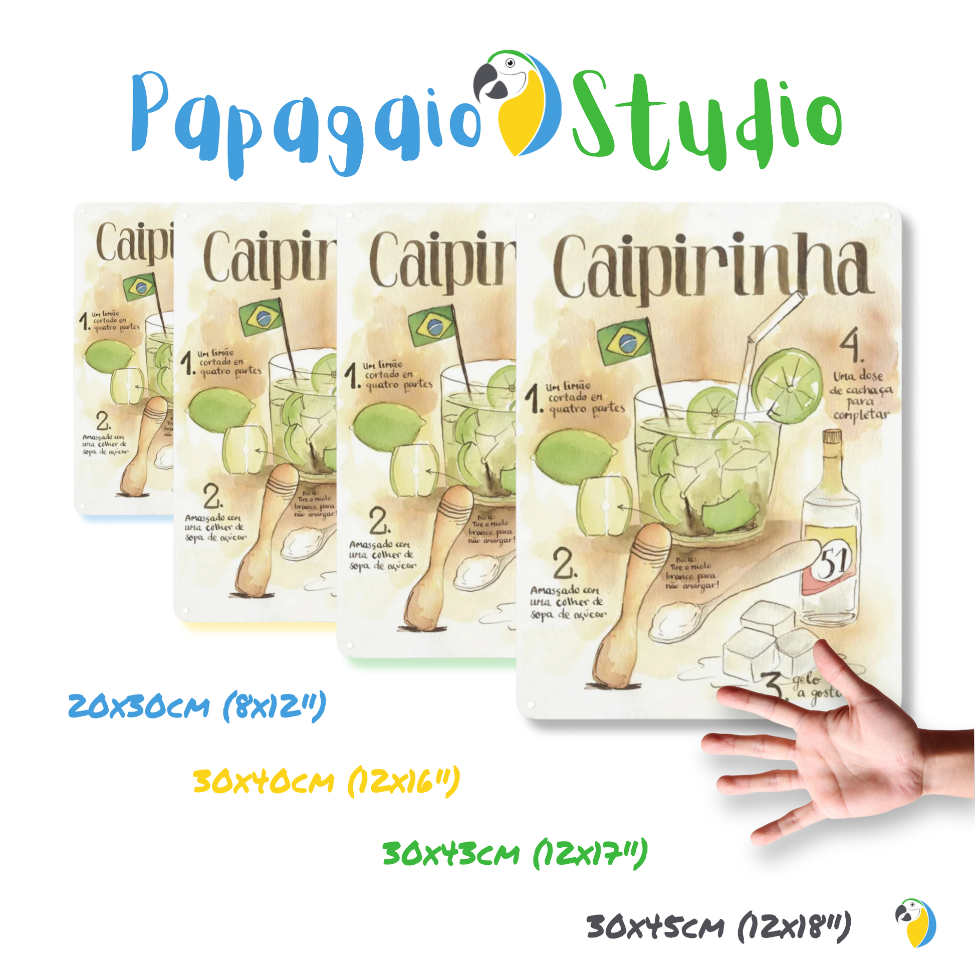 Caipirinha Recipe Tin Sign • Brazilian Traditional Cocktail Drink Metal Print • Brazil Trip Souvenir Poster • Papagaio Studio Design Shop