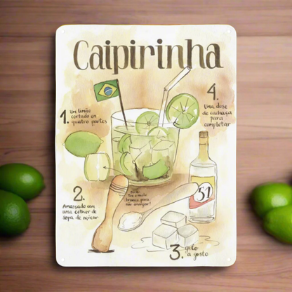 Caipirinha Recipe Tin Sign • Brazilian Traditional Cocktail Drink Metal Print • Brazil Trip Souvenir Poster • Papagaio Studio Design Shop