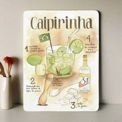 Caipirinha Recipe Tin Sign • Brazilian Traditional Cocktail Drink Metal Print • Brazil Trip Souvenir Poster • Papagaio Studio Design Shop