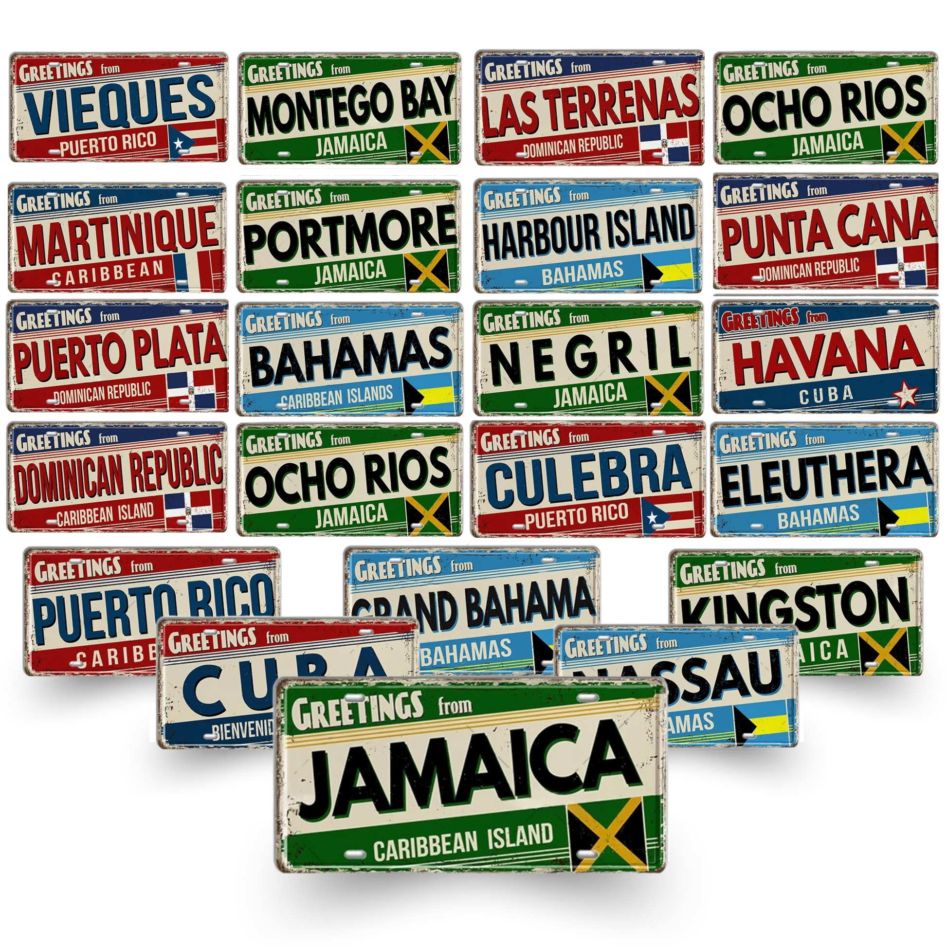 Caribbean Island License Plate Tin Signs • Tropical Travel Souvenir Metal Prints • Decorative Wall Plaques for Home and Bar Decor • Papagaio Studio Design Shop
