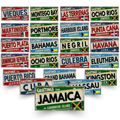 Caribbean Island License Plate Tin Signs • Tropical Travel Souvenir Metal Prints • Decorative Wall Plaques for Home and Bar Decor • Papagaio Studio Design Shop