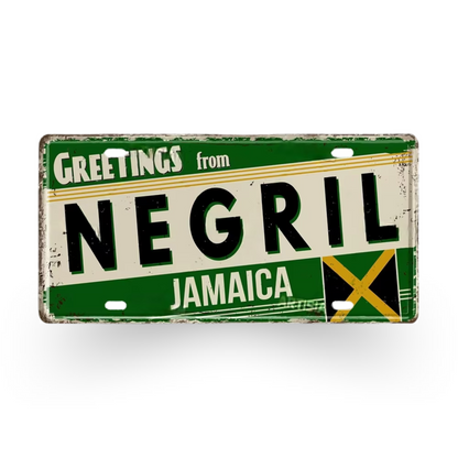 Caribbean Island License Plate Tin Signs • Tropical Travel Souvenir Metal Prints • Decorative Wall Plaques for Home and Bar Decor • Papagaio Studio Design Shop