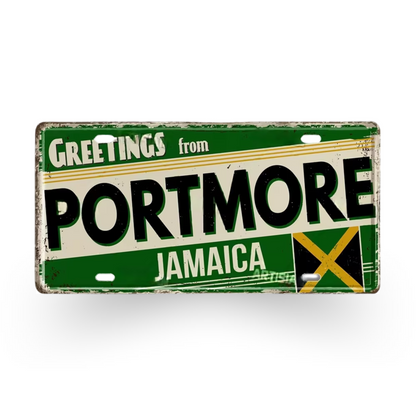 Caribbean Island License Plate Tin Signs • Tropical Travel Souvenir Metal Prints • Decorative Wall Plaques for Home and Bar Decor • Papagaio Studio Design Shop