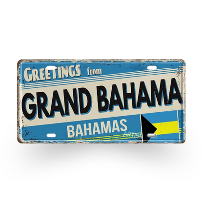 Caribbean Island License Plate Tin Signs • Tropical Travel Souvenir Metal Prints • Decorative Wall Plaques for Home and Bar Decor • Papagaio Studio Design Shop