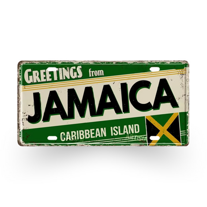 Caribbean Island License Plate Tin Signs • Tropical Travel Souvenir Metal Prints • Decorative Wall Plaques for Home and Bar Decor • Papagaio Studio Design Shop