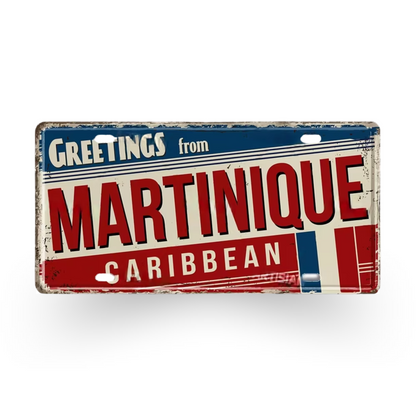 Caribbean Island License Plate Tin Signs • Tropical Travel Souvenir Metal Prints • Decorative Wall Plaques for Home and Bar Decor • Papagaio Studio Design Shop