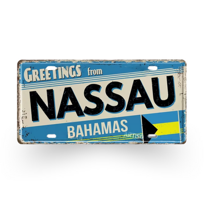 Caribbean Island License Plate Tin Signs • Tropical Travel Souvenir Metal Prints • Decorative Wall Plaques for Home and Bar Decor • Papagaio Studio Design Shop