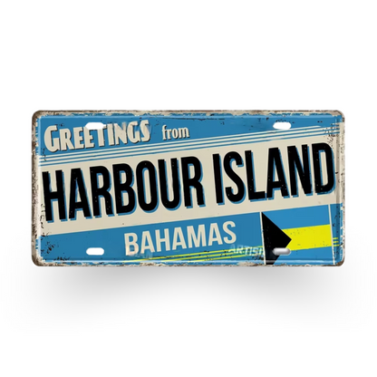 Caribbean Island License Plate Tin Signs • Tropical Travel Souvenir Metal Prints • Decorative Wall Plaques for Home and Bar Decor • Papagaio Studio Design Shop
