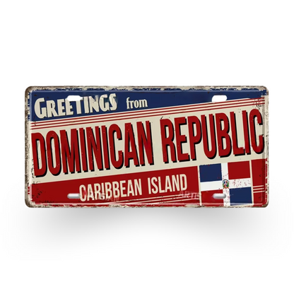 Caribbean Island License Plate Tin Signs • Tropical Travel Souvenir Metal Prints • Decorative Wall Plaques for Home and Bar Decor • Papagaio Studio Design Shop
