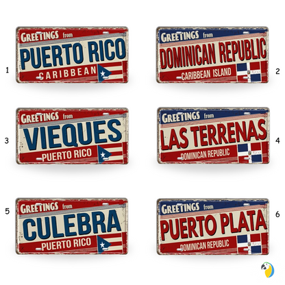 Caribbean Island License Plate Tin Signs • Tropical Travel Souvenir Metal Prints • Decorative Wall Plaques for Home and Bar Decor • Papagaio Studio Design Shop