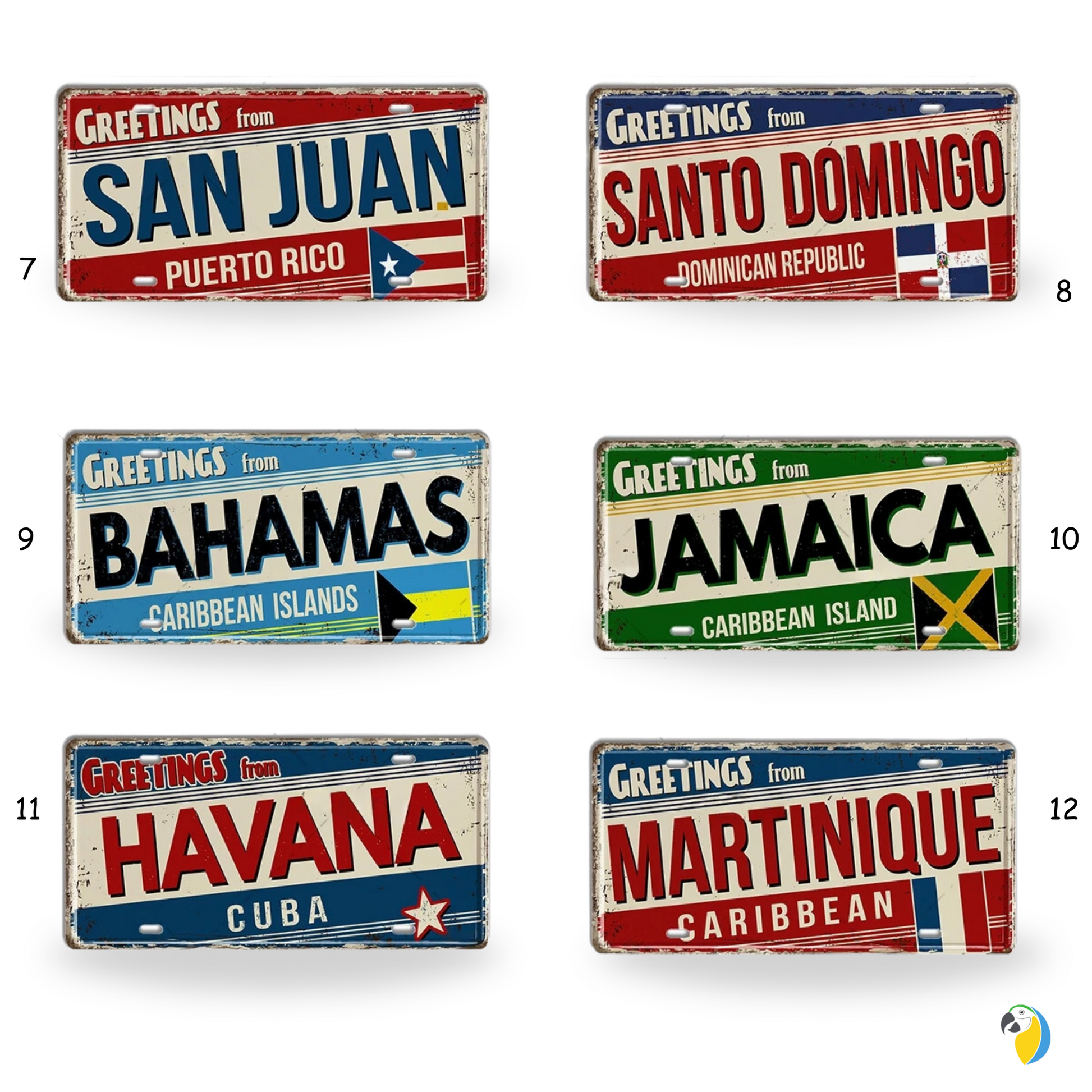 Caribbean Island License Plate Tin Signs • Tropical Travel Souvenir Metal Prints • Decorative Wall Plaques for Home and Bar Decor • Papagaio Studio Design Shop