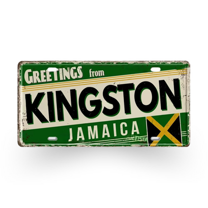 Caribbean Island License Plate Tin Signs • Tropical Travel Souvenir Metal Prints • Decorative Wall Plaques for Home and Bar Decor • Papagaio Studio Design Shop